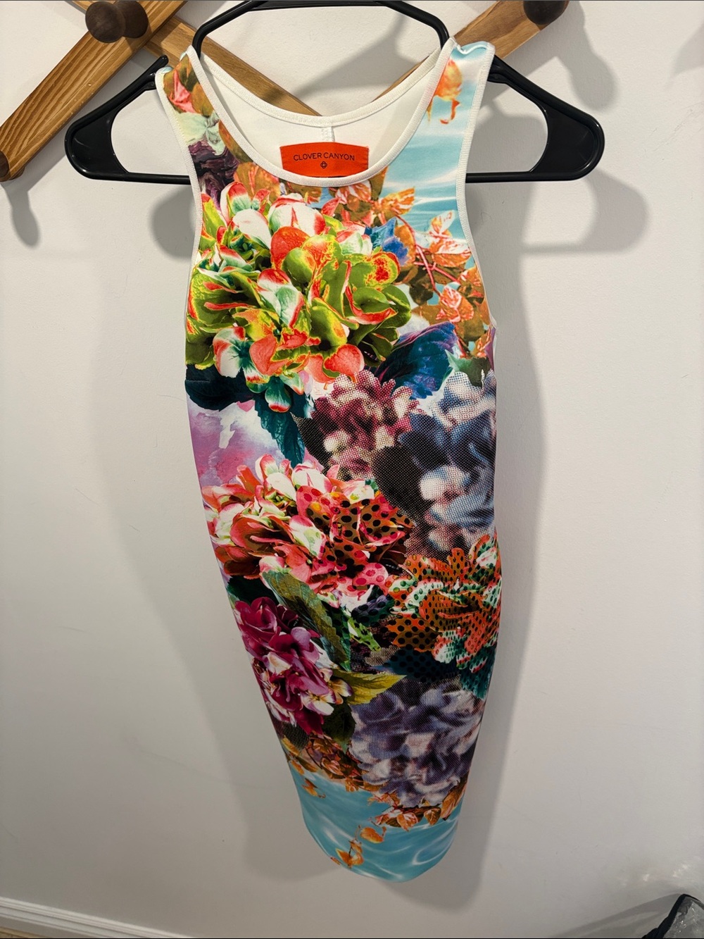 Clover Canyon neoprene dress stands out with its striking, colorful pool-flower